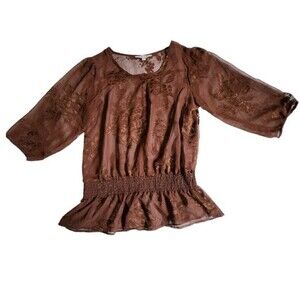 Jennifer and Grace brown 3/4 sleeve sheer top sz M